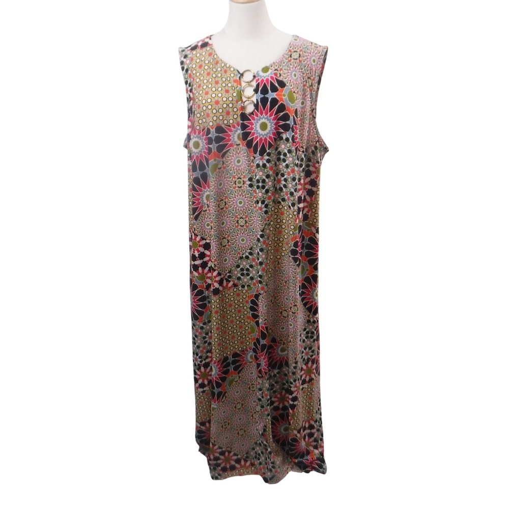 Ellen Weaver Women 3X Geometric Mosaic Patchwork Sleeveless Maxi Dress Ring Neck